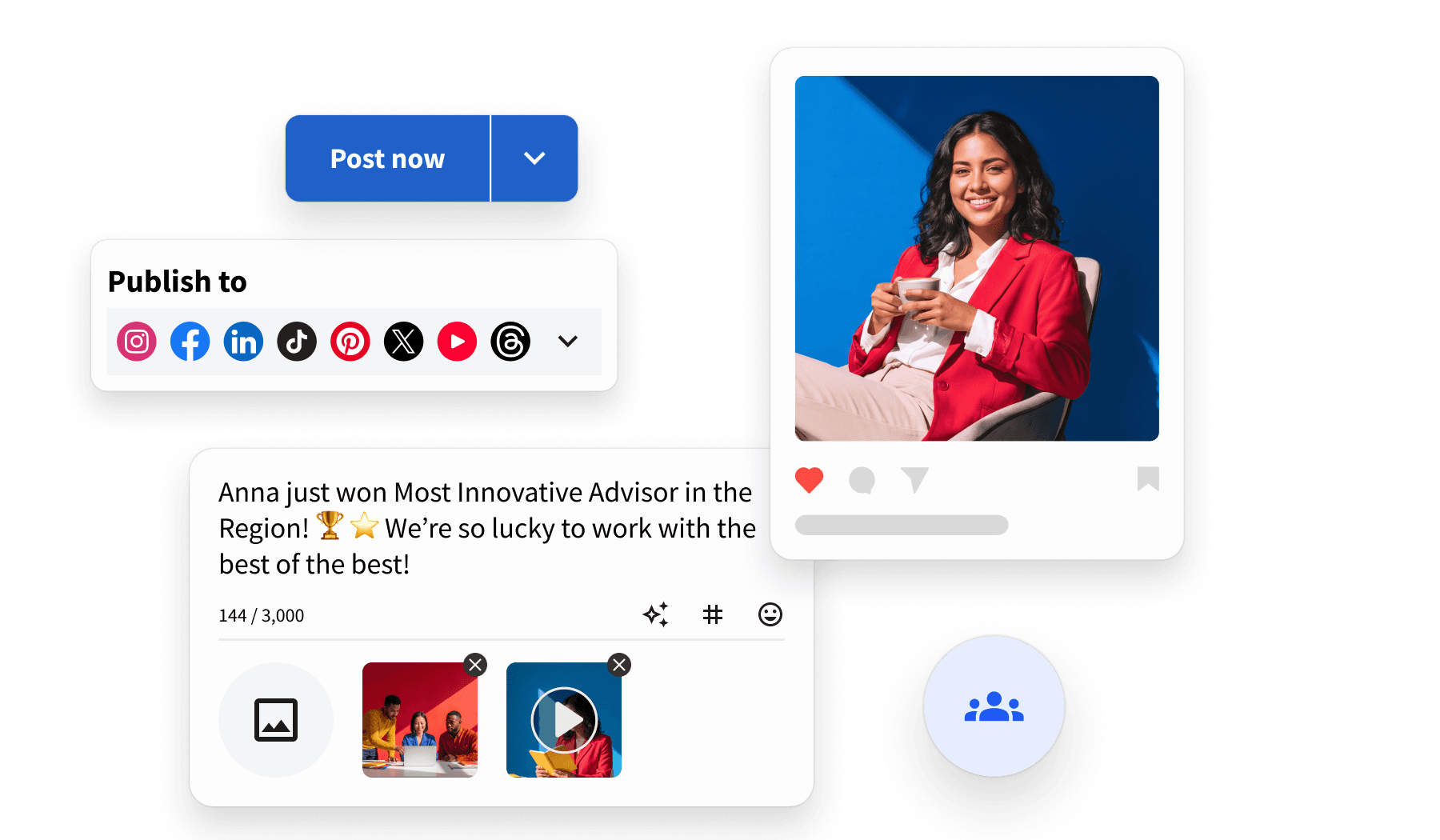 Social media publishing interface showing platform icons, a post about an award winner, and a smiling woman in a red blazer.